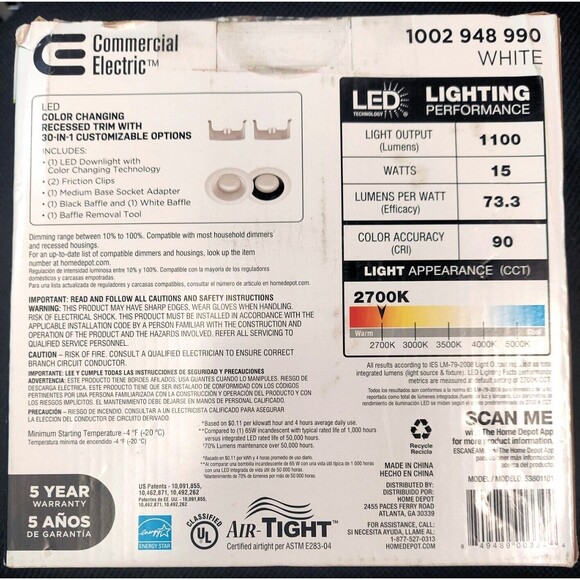 Commercial Electric 6" LED Color Changing Light Recessed Trim Multiple Ops *Read - Picture 2 of 7